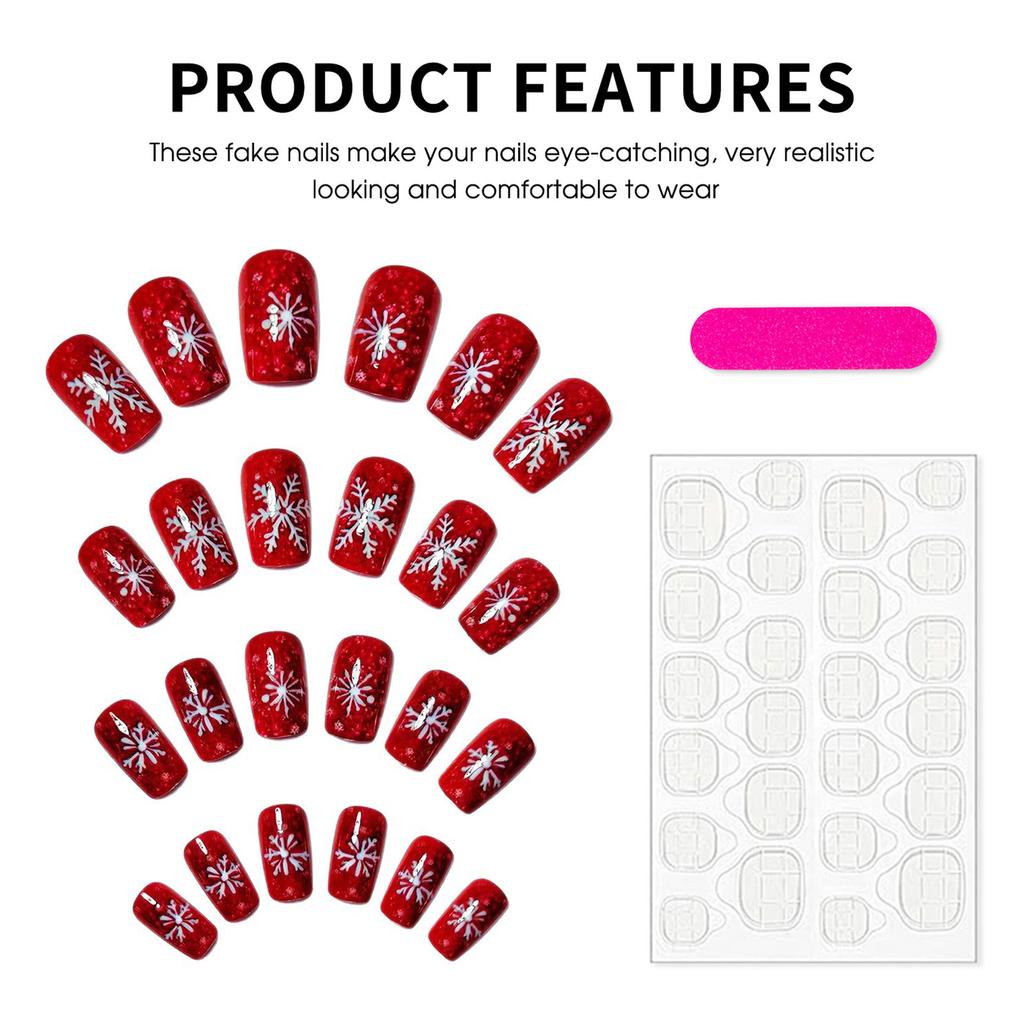 24PCS Red Fake Nails with White Snowflake Decor with Shiny Finish for Winter Holiday Party Decor