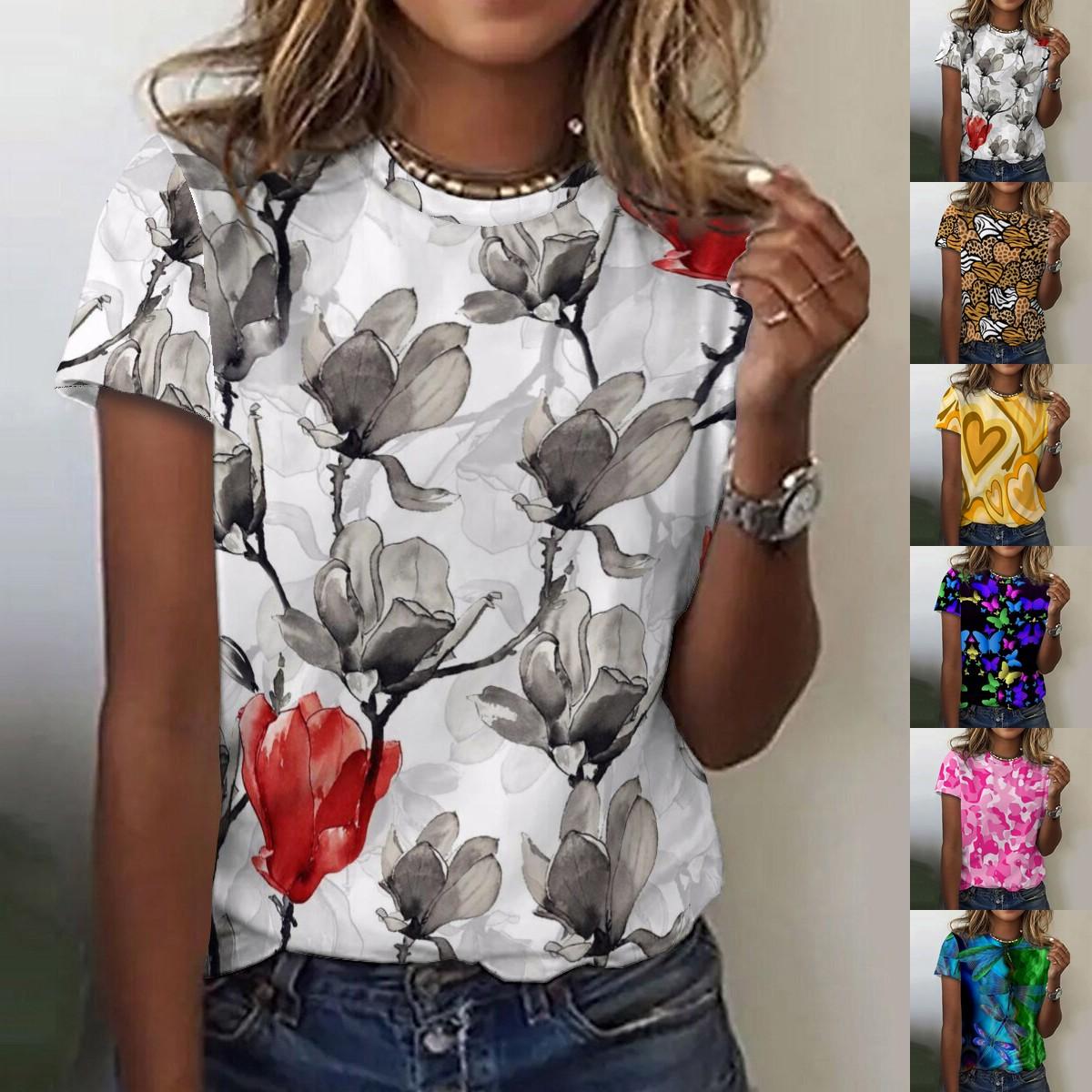 

Летняя новая модная женская повседневная футболка с круглым вырезом и коротким рукавом с принтом размера плюс S-2XL