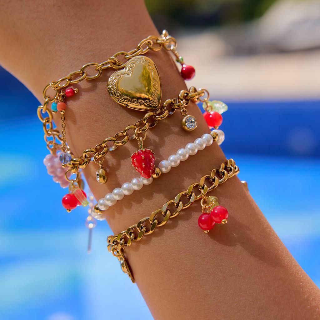Youthway Colored Strawberry Cherry White Zircon Bracelet Gold Plated Stainless Steel Waterproof Minimalist Women Jewelry Holiday
