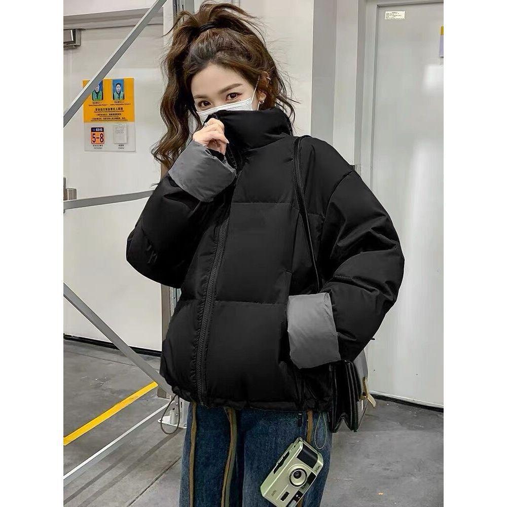 

2025 Зимняя женская маленького размера утолщенная куртка-пуховик с воротником-стойкой и цветными блоками S (recommended 40-60kg)