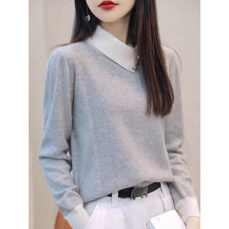 Женский вязаный свитер с контрастным воротником зимняя новинка пуловер с длинным рукавом вязаная водолазка One size fits all серый 2800₽