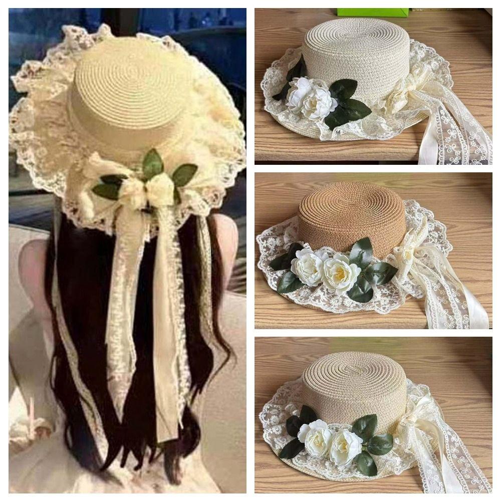 Breathable Vacation Beach Cap Lightweight with Garland Fisherman Straw Hat Big Brimmed Sunshade Topi Woven Sun Cap Women