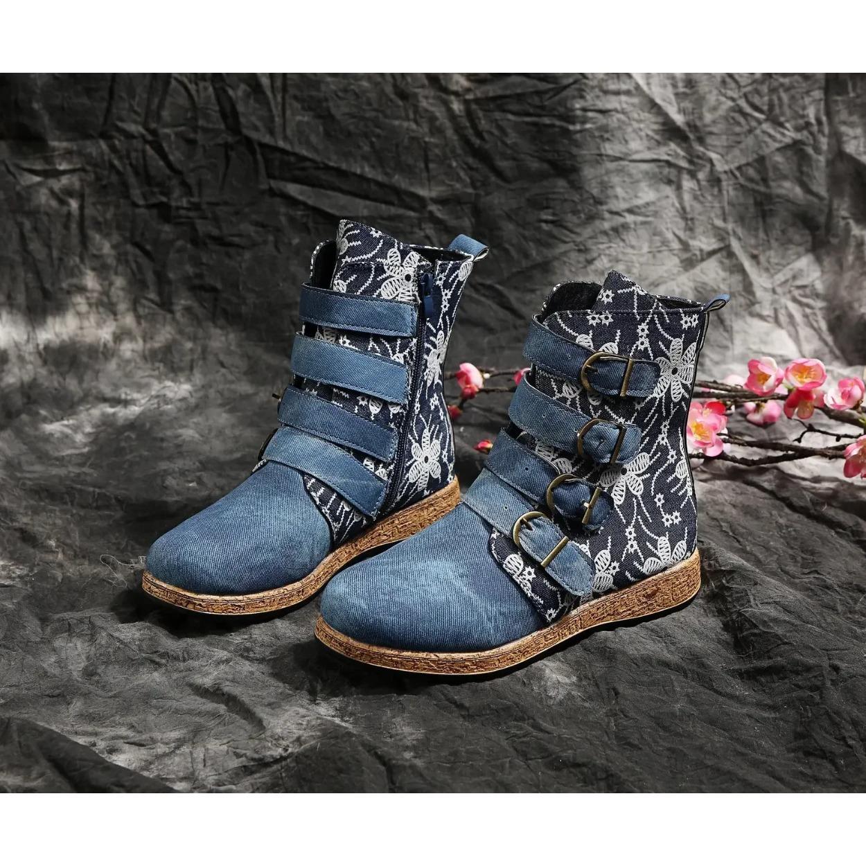 

Женские ботильоны, осенние, новые, в стиле ретро, этнические, с металлической пряжкой, мягкие кожаные, с молнией, короткие ботинки, обувь Botines Mujer 34 синий