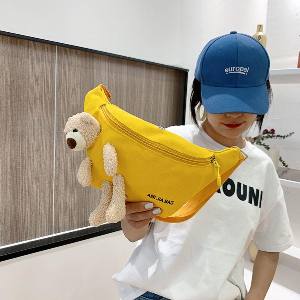 New Women's Cute Bear Waist Bag Canvas Belt Bags Designer Crossbody Chest Bag Female Solid Fanny Pack Banana Hip Purse