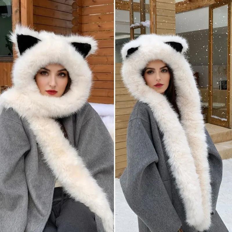 1PC Faux Fur Hats Exquisite Pointed Ear Shape Cute Plush Hat Versatile Accessories Comfortable Scarf Warmth 56-58cm