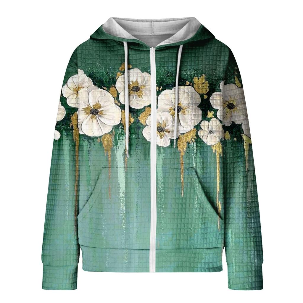 Damen Herbst und Winter Casual Fashion Hoodie Sweatshirt Bedruckte Reißverschlussjacke mit Taschen