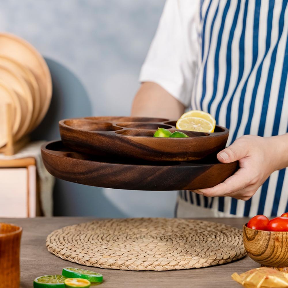 Round Wooden Divided Serving Trays Solid Wood Fruit Platter Candy Bowl Food Serving Tray  Hotel