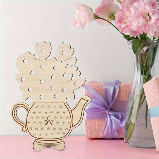 Home Soft Furnishing Wooden Teapot Shape Flower Holder, Natural Wood Floral Display Stand, DIY Hand Painted Art Blank Vase Decor for Artificial