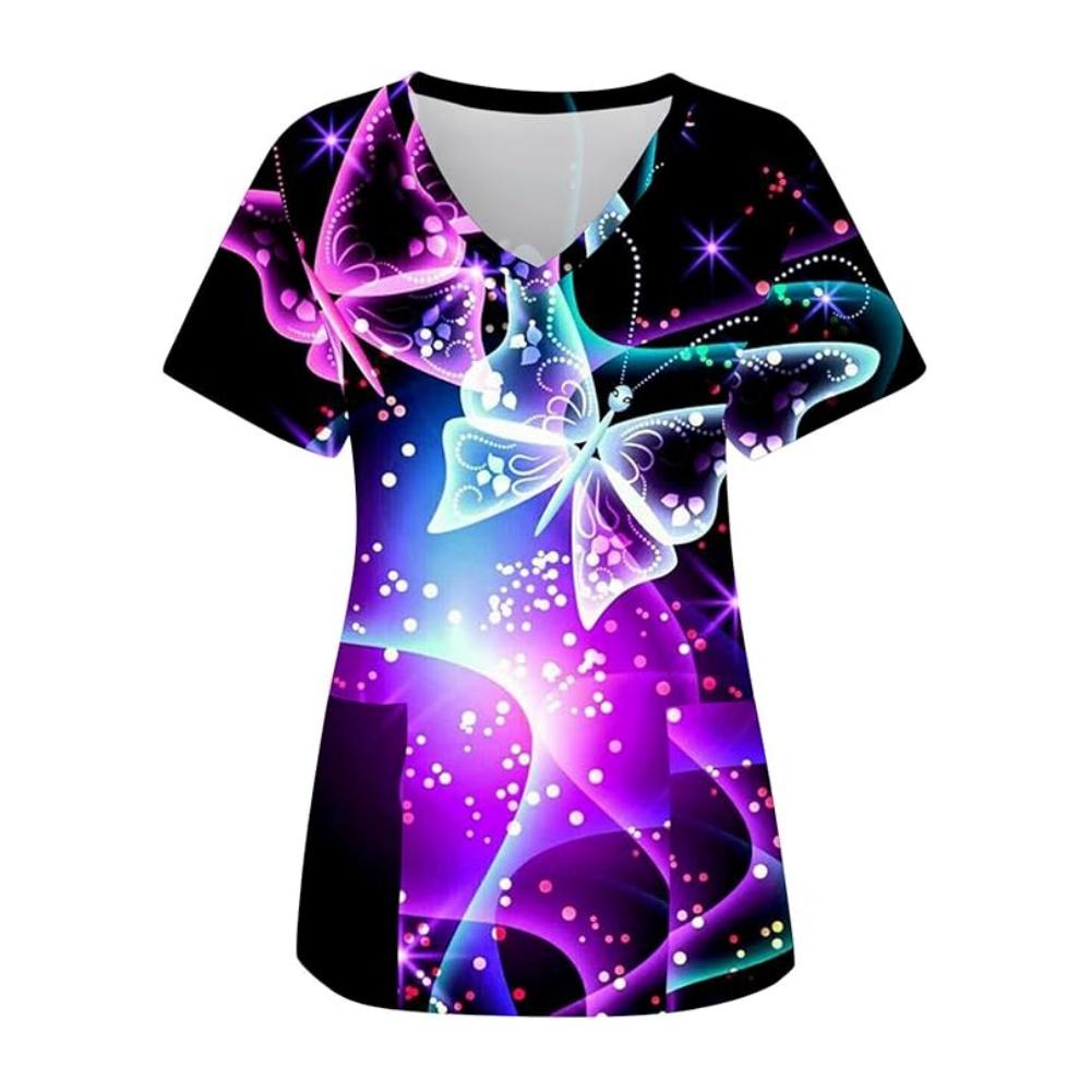Clinical Uniform Woman Elegant Butterfly Print Summer Microelastic V-Neck Health Care Fashion Short Sleeve Tops Medical Clothes