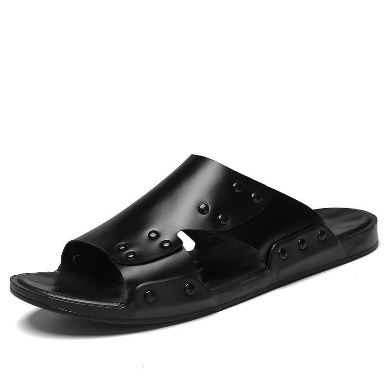 Summer Men's Genuine Leather Sandals Fashionable High-quality Flat Shoes Outdoor Breathable Casual Shoes Black Beach Slippers