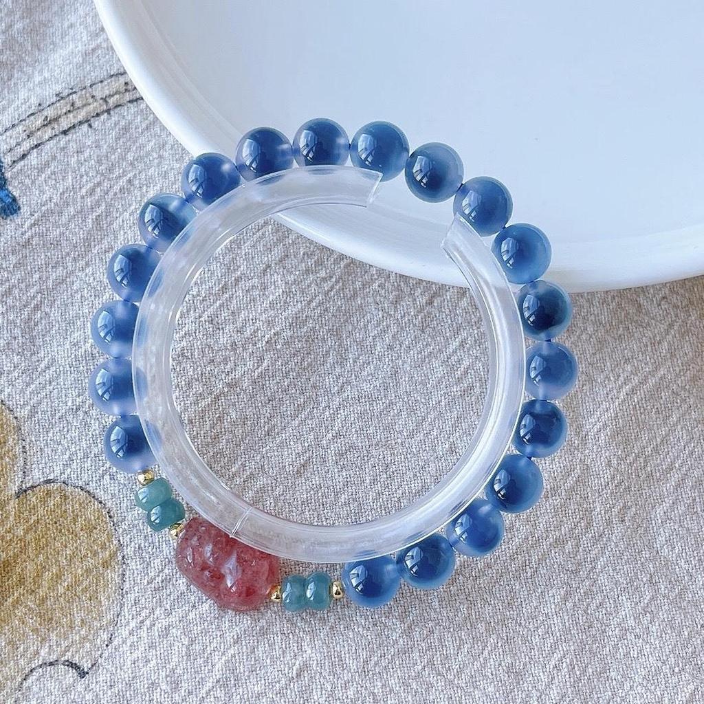 Blaues Achat-Herzarmband mit Perlen & Vergoldetem Silbermond, Frischer Xiaohongshu-Stil Geschenk.