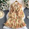 Pastoral romantic style printed lantern sleeve dress girl autumn elastic waist beautiful super fairy floral holiday dress