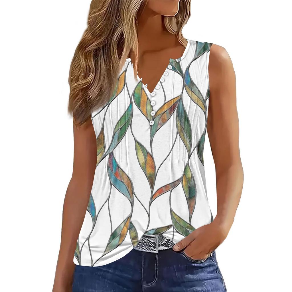Women's Flowers And Plants Casual Loose Pleated Shirt V Collar Button-down T-shirt Shirt Sleeveless Vest Top