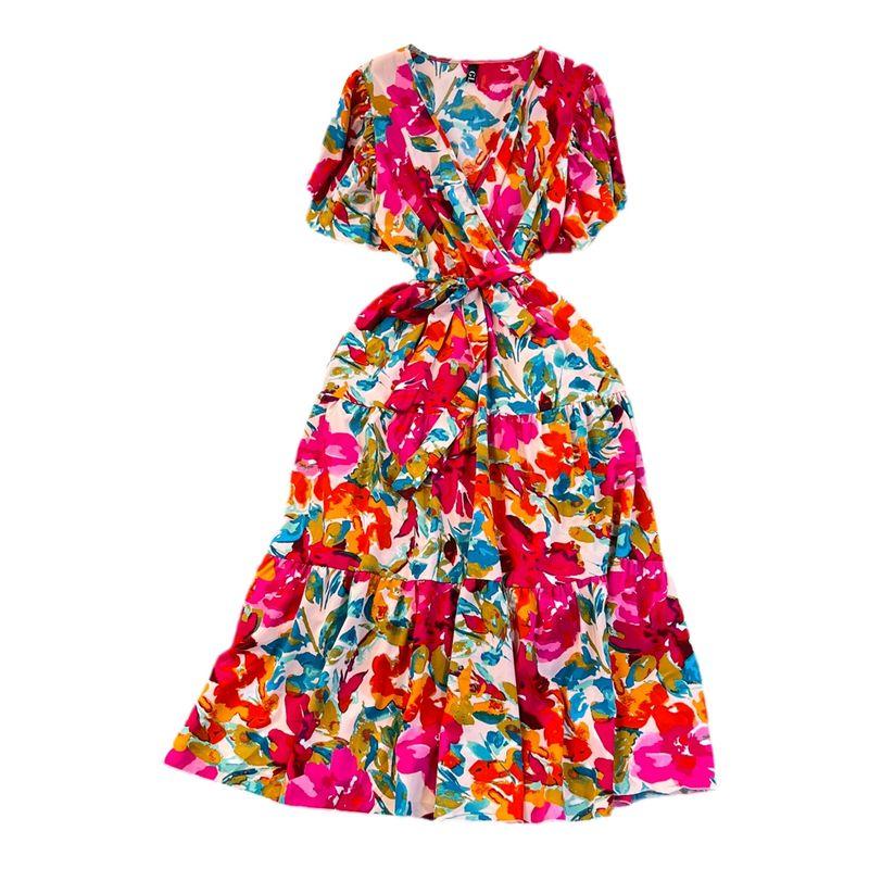 Chic South Korea Bubble V Neck A- line Dress Short Sleeve