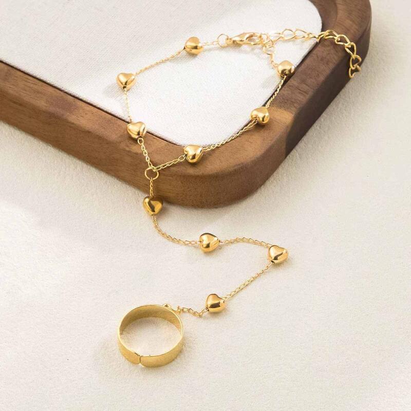 Light Luxury Simple Heart Chain Bracelets for Women Ladies Fashionable Popular Finger Ring Bracelets Party Jewelry Accessories