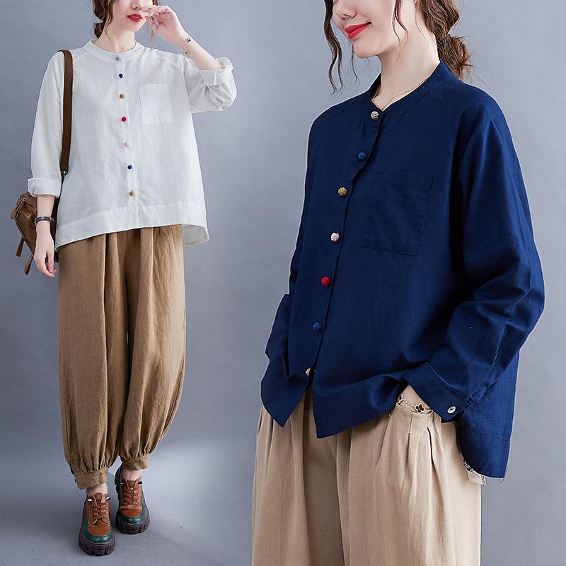 Camicie da donna in cotone e lino, Top a maniche lunghe chic di nicchia, Bottoni a disco da donna, Camicie larghe letterarie retrò