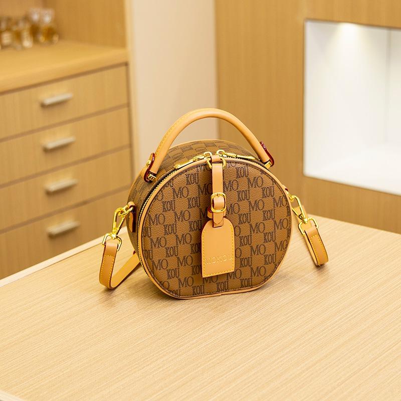 Retro New Women's Bag, Letter-printed Portable Small Round Bag, High-end Contrasting Color Round Cake Bag, Shoulder Messenger Bag.