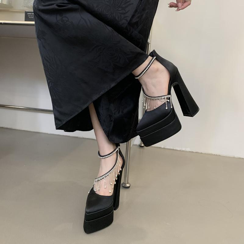 Fashion Luxury Rhinestones Tassels Satin Women Pumps Elegant Pointed Toe Platform Wedges Super High Heels Runway Style Party Prom Shoes