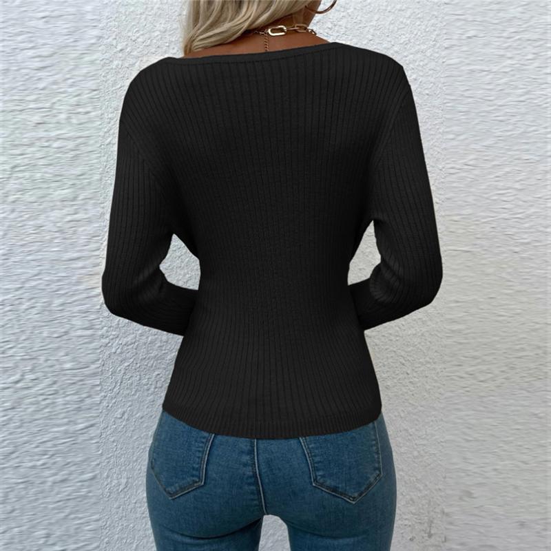 Women's Fashion Front Irregularly Crossed Long-sleeved  Knitted Pullover Sweaters Slim Ribbed Knitted Sweaters