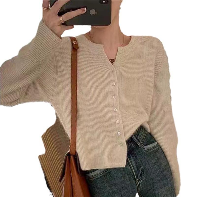 Autumn new gentle and simple style solid color single-breasted knitted cardigan women's casual versatile crew neck sweater women's