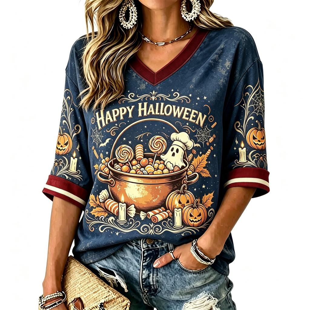 Women's Fashion Casual V-Neck T-Shirt with Halloween Print for Holiday Parties and Everyday Wear
