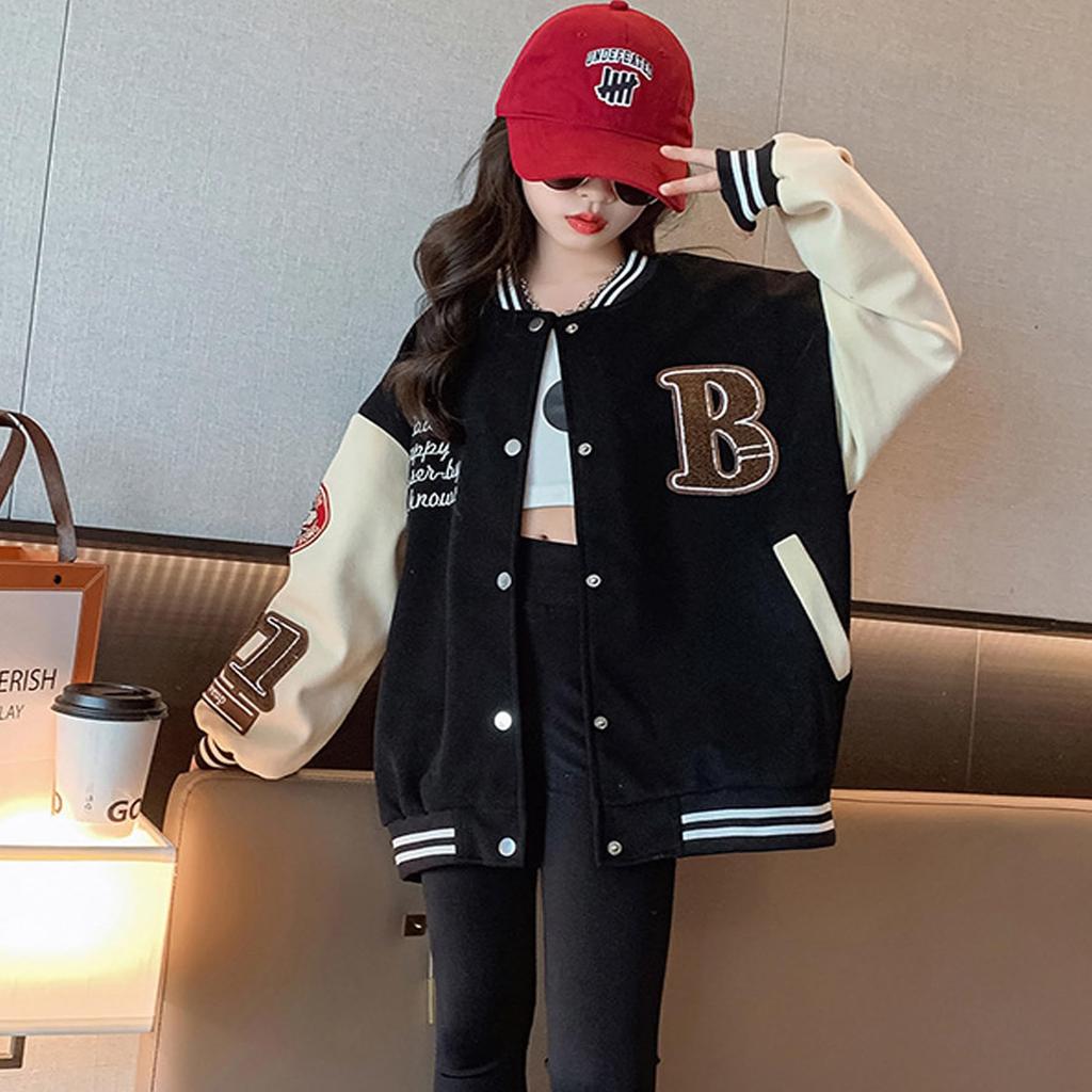 YY-Natuhi Girls Varsity Jacket, Letter Patch, Long Sleeve Bomber, 1 Black, Size 130