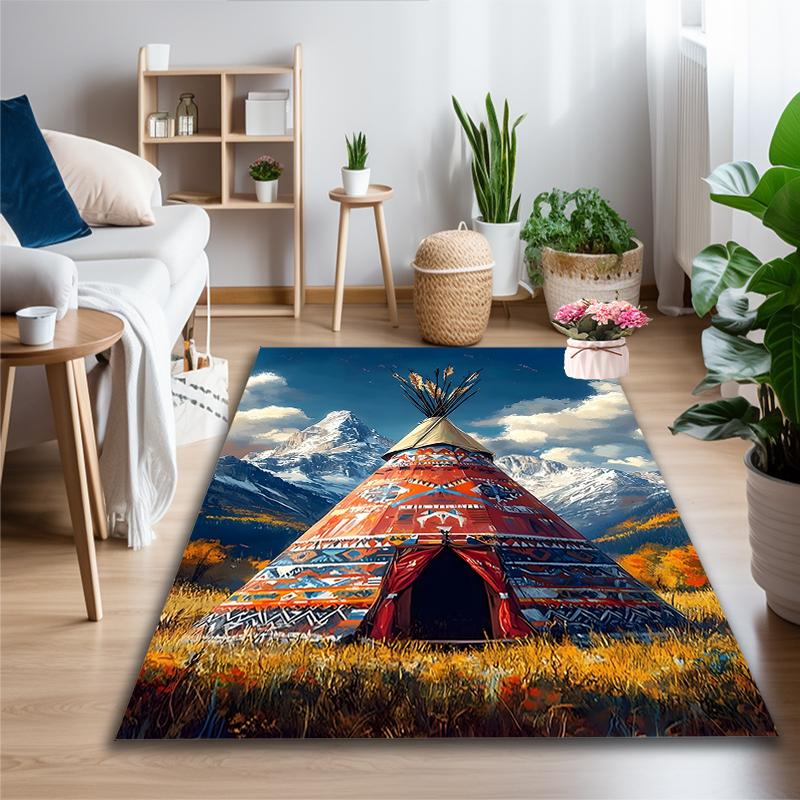 Camping Teepee Scene Rug Ideal for Reading Room, Multi-purpose Office Chair Sofa Carpet, Anti-slip Printed Home Area Rug