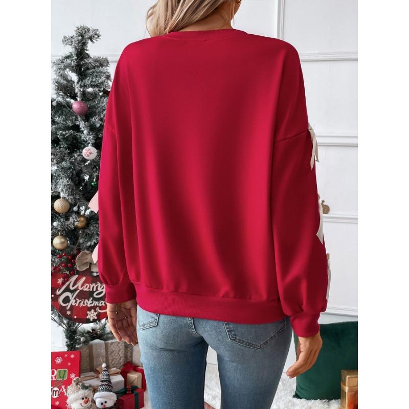 Women S Red Bow Crew Neck Long Sleeve Casual Sweatshirt