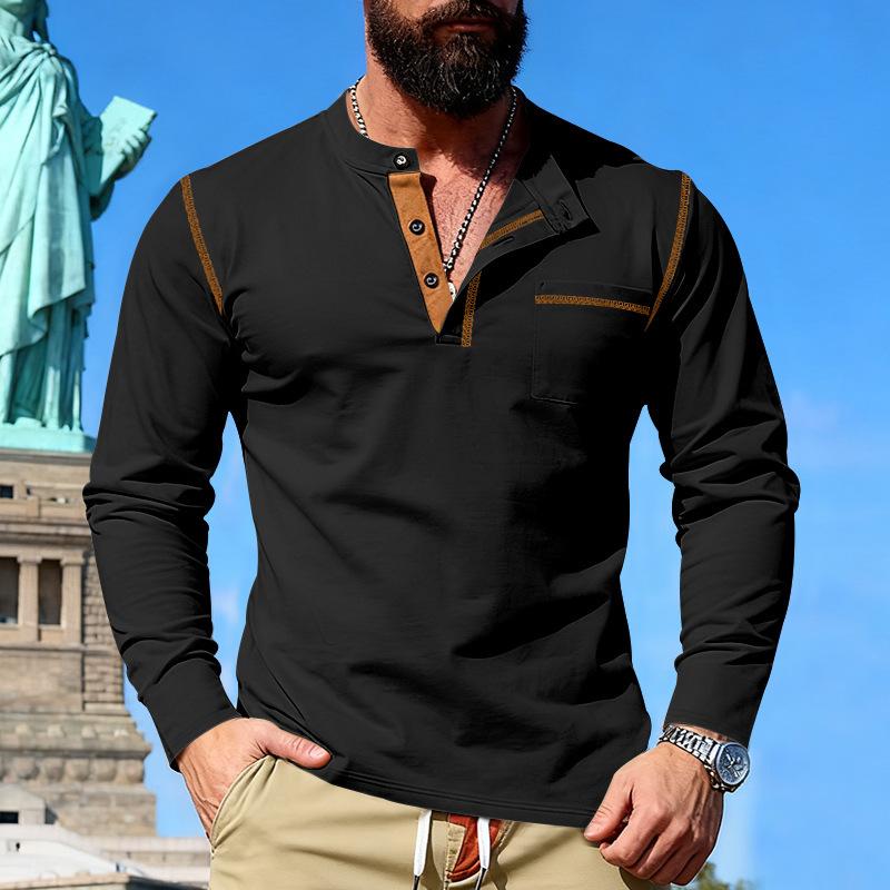 

New Men s T-shirt Casual and Versatile Long-sleeved Color-blocked Knitted for Wholesale S чорний