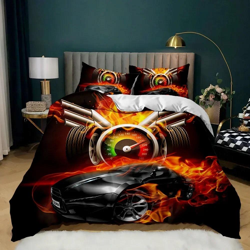 Race Car Bedding Set Twin Size Burning Red Flame Duvet Cover Set 3D Sports Car Comforter Cover King 2/3pcs Polyester Quilt Cover