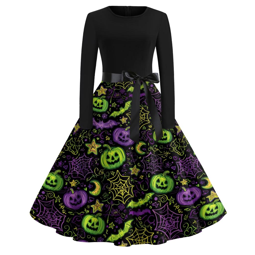 Women's Vintage Long Sleeve Round Neck Halloween Print Party Dress Retro Style Full Skirt with Waist Tie Elegant Evening Dress
