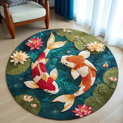 Koi Circular Carpet Visual 3D Lotus Pond Carpet Oriental Japanese Living Room and Bedroom Decorative Floor Mat Rug