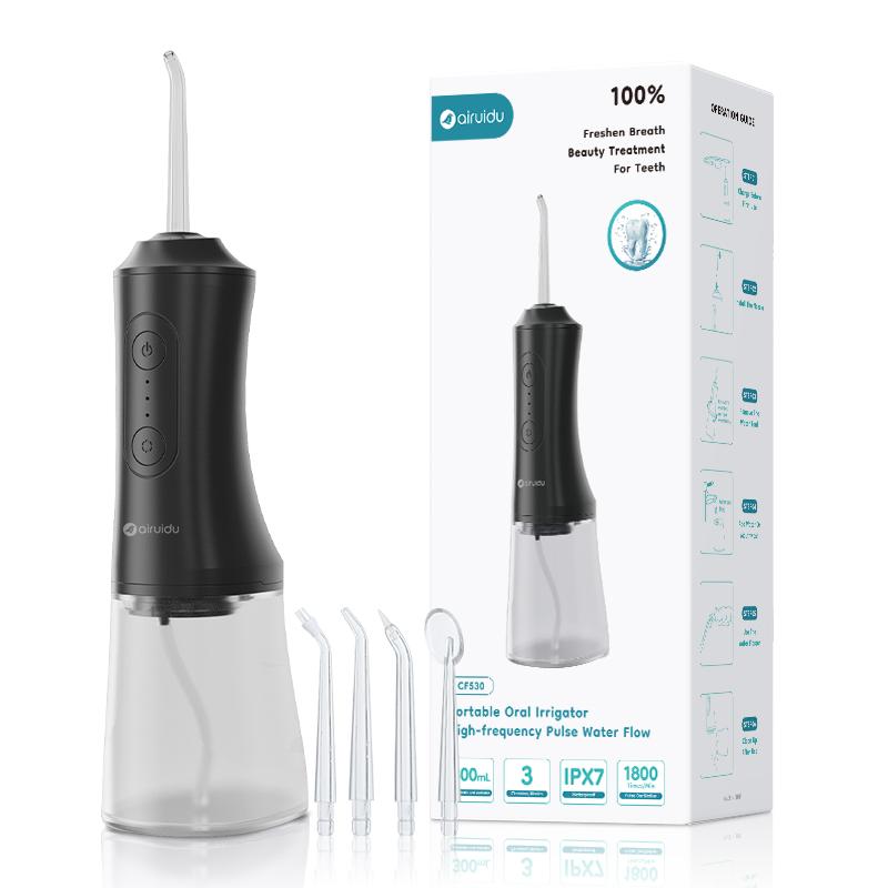 

Портативный беспроводной ирригатор для полости рта, зубочистки с 4 насадками, 3 режима, водонепроницаемость IPX7, очиститель полости рта для более глубокой чистки зубов чёрный