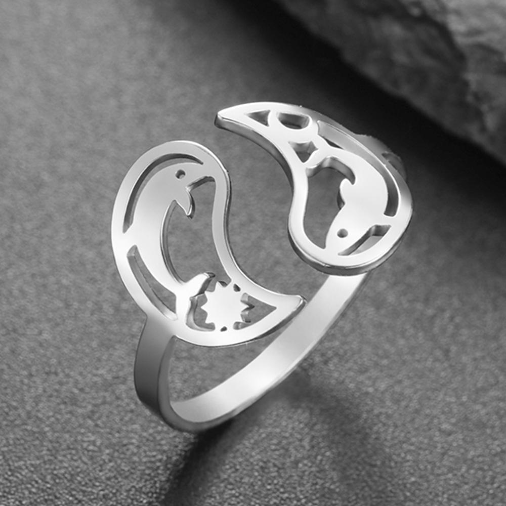 Dawapara Tai Chi Yin Yang Ring Sun Moon Stars Dolphin Adjustable Ring Bohemian Stainless Steel Wiccan Jewelry