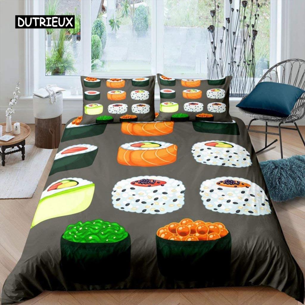 

Пододеяльник с рисунком суши, комплект из микрофибры King, чехол для одеяла в японском стиле с изображением еды, милый мультяшный японский суши-наволочка EU single(135x200cm)