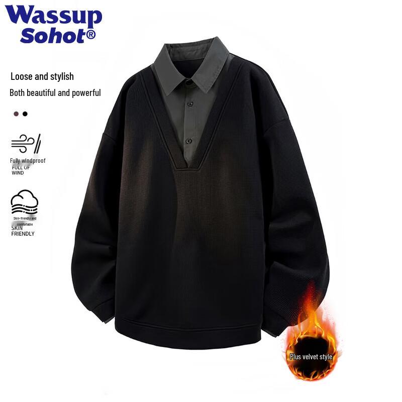 Wassup Sohot Men's Faux Two-Piece Heavyweight Polo Sweatshirt