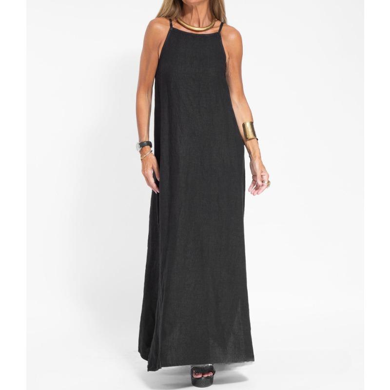 Fashionable and Casual Cotton and Linen Split Suspender Dress