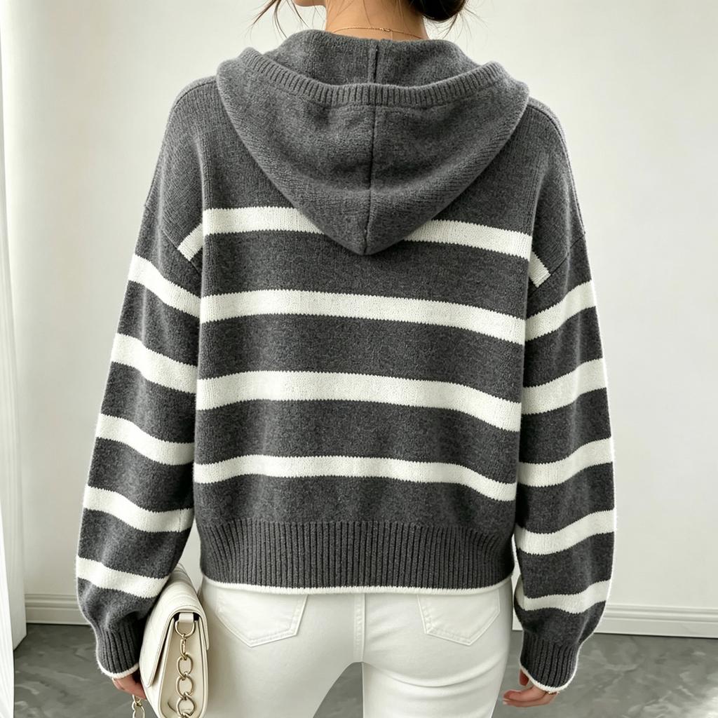 Women's Hooded Striped Pullover Knit Sweater for Fall Winter