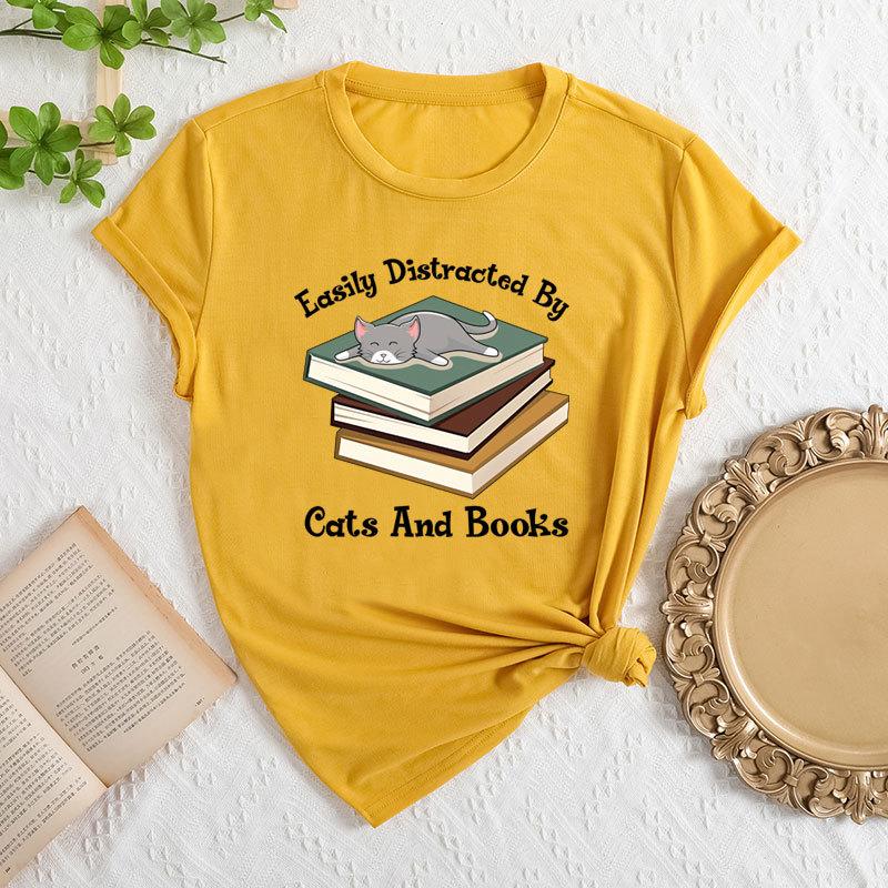 Summer Women's Fashionable Letter Cat Short Sleeved Casual Loose Cotton Round Neck Top