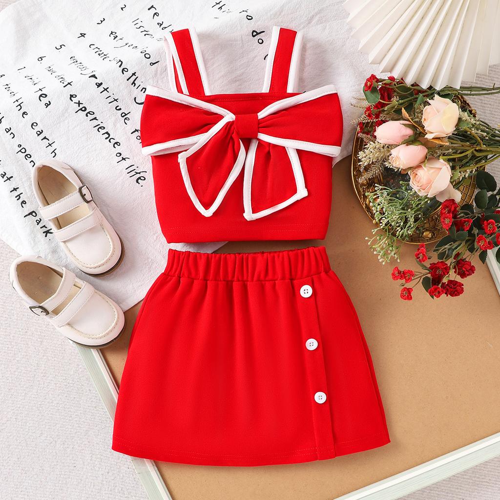 Elegante Completo Rosso da Bambina - Set Semplice Estivo con T-shirt con Fiocco e Pantaloncini