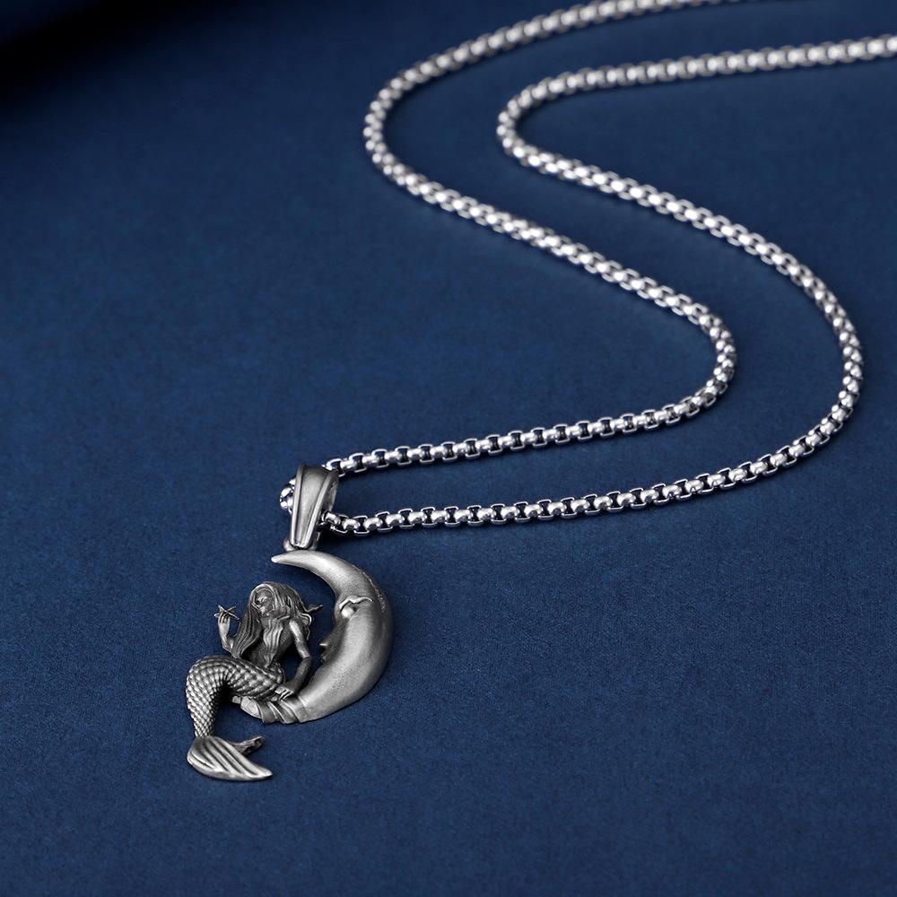 European and American Fashion Titanium Steel Necklace Mermaid Moon Star Pendant Ins Wind Fairy Tale Jewelry Men's and Women's Accessories