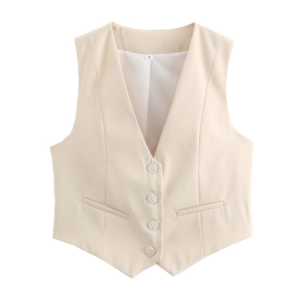 Dames Retro Ensfarget Godterifarge V-hals Kort Dressvest