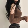 Sexy Off Shoulder Top Women's Long Sleeve Tight Hollow Out High Neck Underlay Short T-shirt Slim Fit