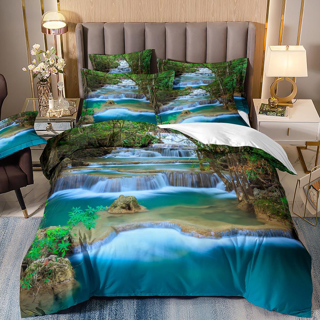 Three-Piece Beautiful Landscape 3D Bedding Stream Waterfall Printing Quilt Cover Home Textile Batch