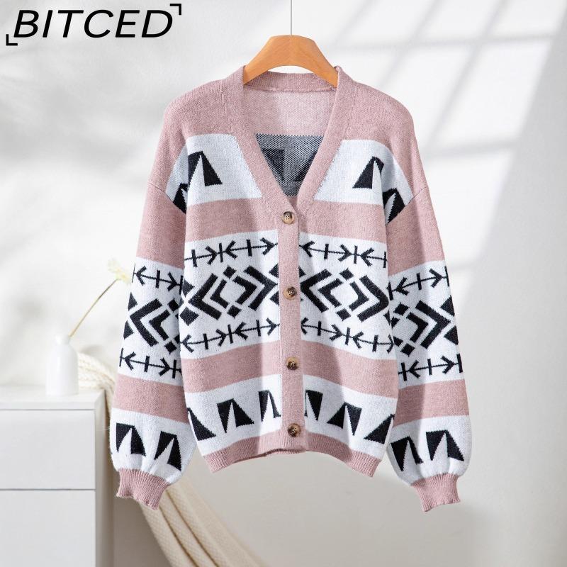 

BITCED Fall/Winter Oversized Relaxed-Fit Jacquard Color-Block Knit Cardigan Sweater Jacket for Women XL розовый