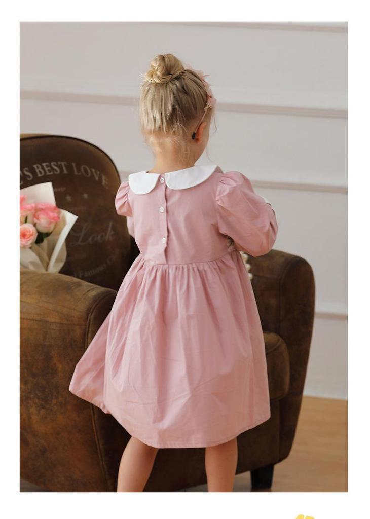 Frühling 2026 Mädchen Langarm Kleid mit Puppenkragen: Französisches Rattan, Florale Stickerei, Colorblocking, Reine Baumwolle, Süßer Prinzessinnen-Stil