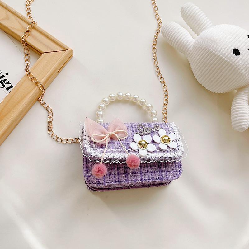 

Cute Girls Checkered Bow Pearl Handbag Square Mini Shoulder Bag For Daily Use StyleL