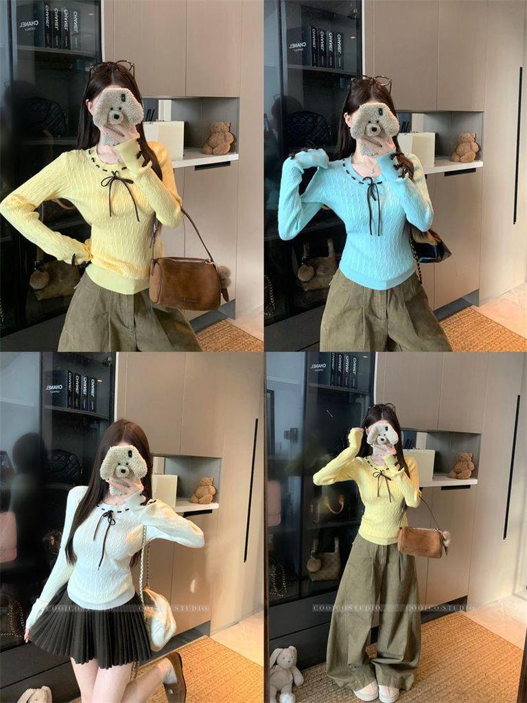Korean Academy Bow Tie Lace-up Long Sleeve Knitwear: Women's Slimming Base Layer Sweater for 2025 Autumn/Winter