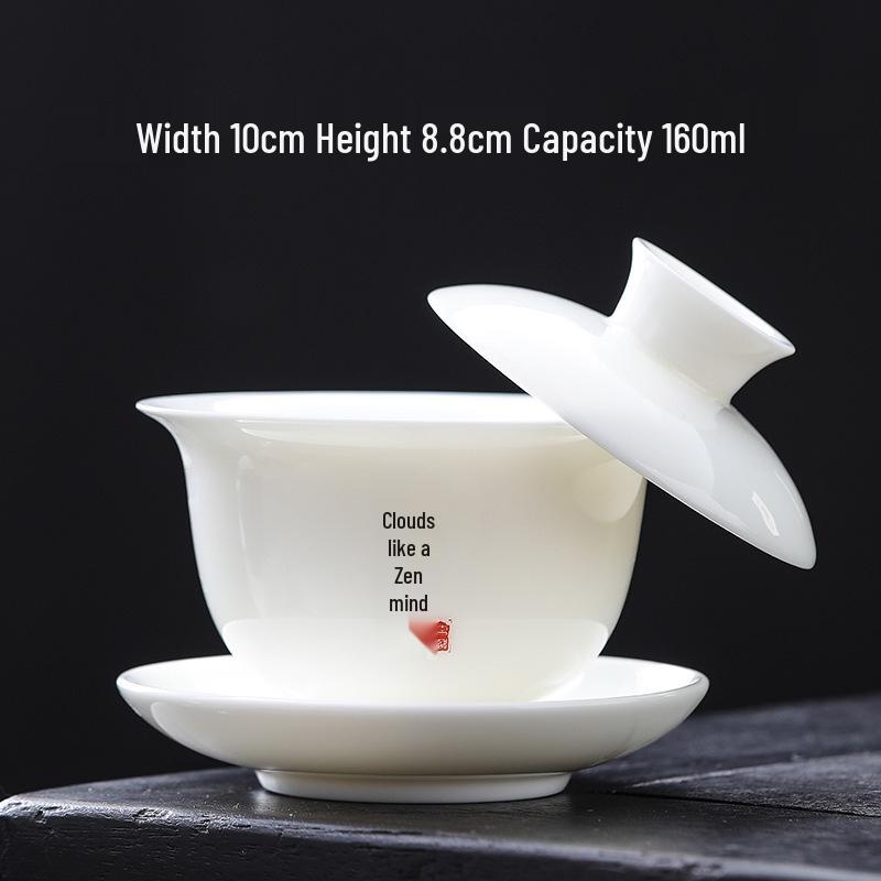 High-Grade Mutton Fat Jade Rotating Lid Bowl and White Porcelain Teapot Set