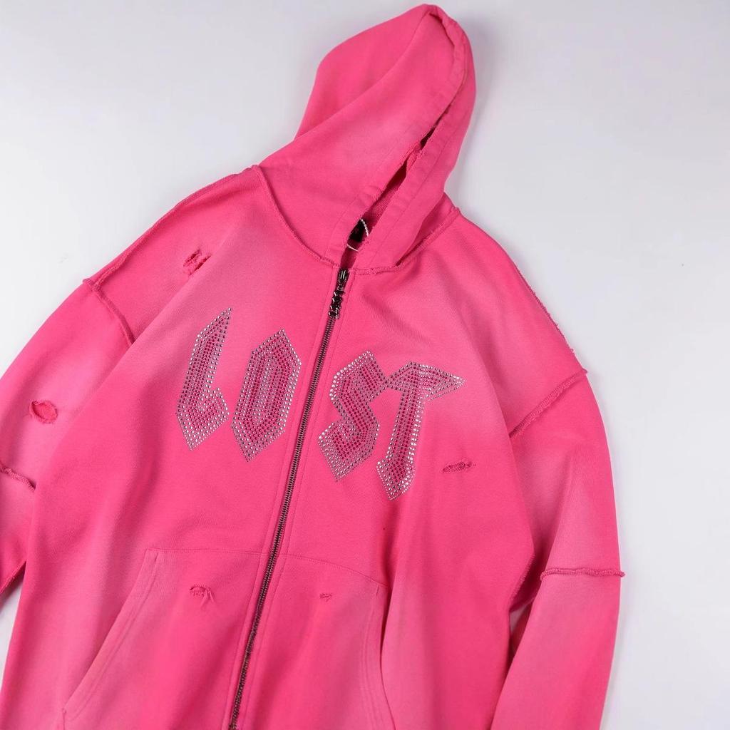 24FW American Street Style Skull Rhinestone Zip-Up Hoodie Sweatshirt with Large Logo